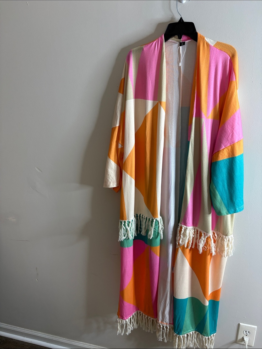 Colorblock Fringe Kimono Robe in Pink, Orange, Teal, and Cream Loragal